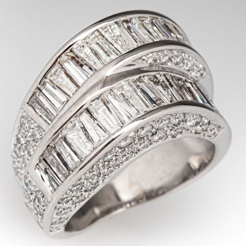 Curved Two-Row Baguette Diamond Cocktail Ring 18K White Gold