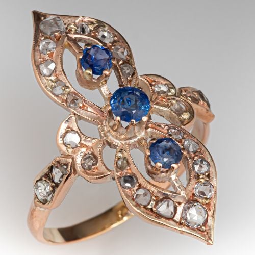 Late Victorian Sapphire & Rose Cut Diamond Ring 8K Yellow Gold