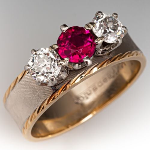 Vintage Lab Created Ruby & Old Euro Diamond Ring 14K Two-Tone Gold
