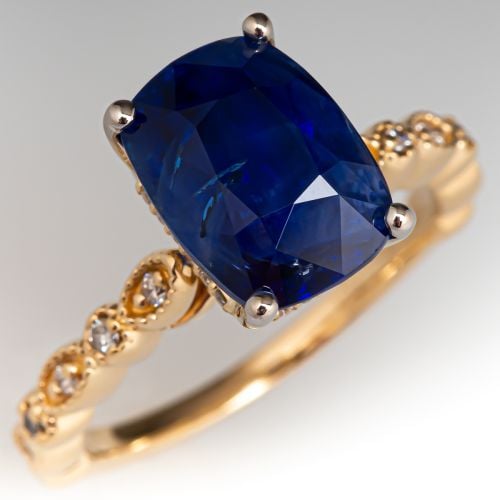 Gorgeous Cushion Sapphire & Diamond Engagement Ring 14K Yellow Gold