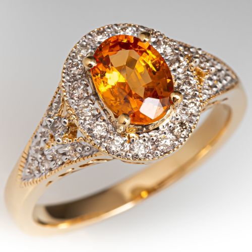Spessartine Garnet & Diamond Halo Ring 14K Yellow Gold