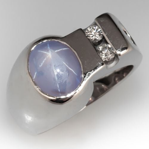 Stunning Star Sapphire & Diamond Ring 14K White Gold