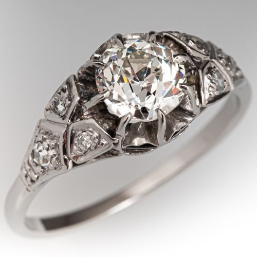 1910s Art Deco Diamond Engagement Ring Platinum .91Ct J/I1 GIA