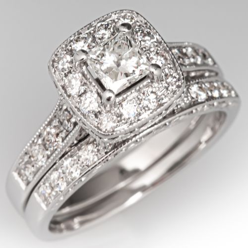 Engraved Princess Cut Diamond Wedding Set 14K White Gold 