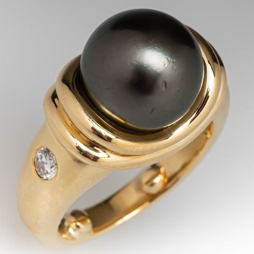 Tahitian Pearl & Diamond Ring 18K Yellow Gold