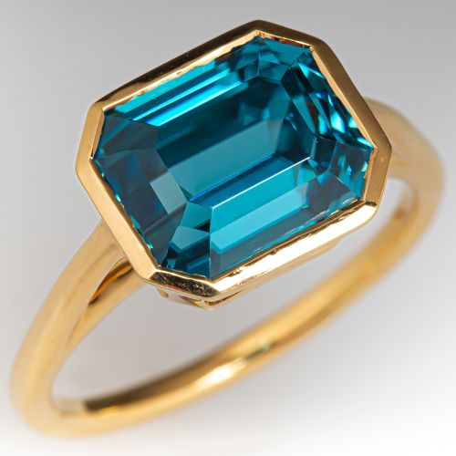 Gorgeous Emerald Cut Blue Zircon RIng 18K Yellow Gold