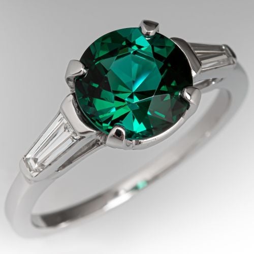 Round Bluish-Green Tourmaline & Baguette Diamond Ring Platinum