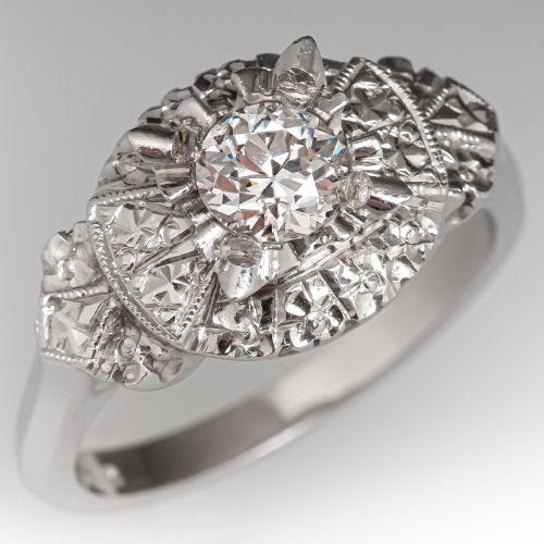 1940s Old Euro Diamond Engagement Ring 14K White Gold