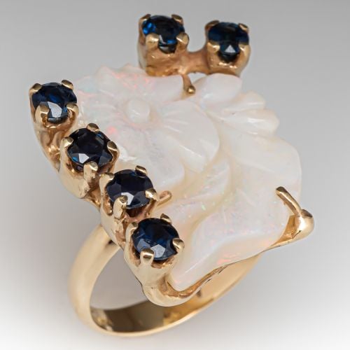 Beautiful Floral Carved Opal & Sapphire Ring 14K Yellow Gold