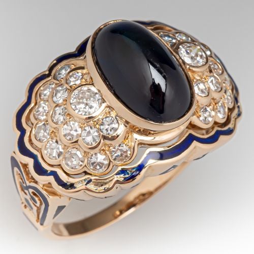 Vintage Enameled Cabochon Sapphire & Diamond Ring 14K Yellow Gold