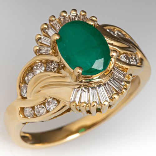 Cross Shoulder Oval Emerald Diamond Ring 14K Yellow Gold
