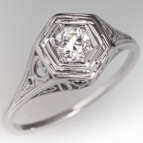 Vintage Filigree Transitional Diamond Engagement Ring 18K White Gold