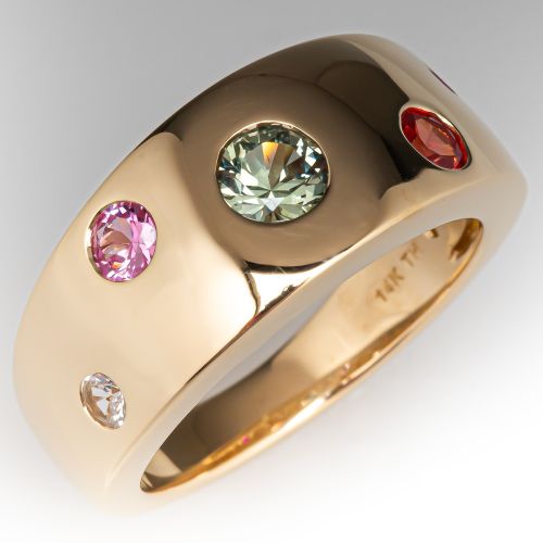 Multicolor Sapphire Band Ring 14K Yellow Gold 