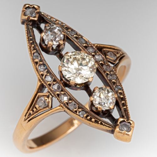 Victorian Navette Shaped Old European Diamond Ring 18K Yellow Gold