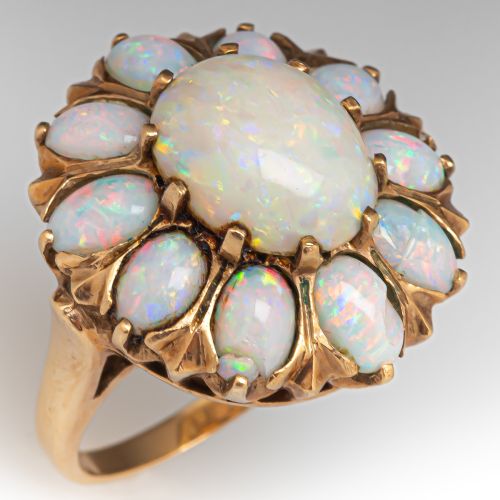 Vintage Opal Cabochon Halo Ring 14K Yellow Gold