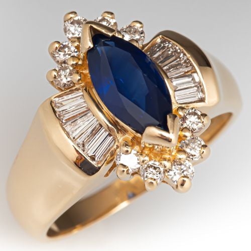 Marquise Sapphire Ring w/ Diamond Halo 14K Yellow Gold