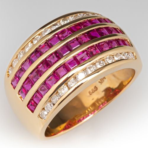 Five Row Ruby & Diamond Wide Band Ring 14K Yellow Gold 