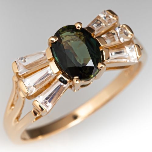 Oval Green Sapphire Ring w/ Sapphire Accents 14K Yellow Gold