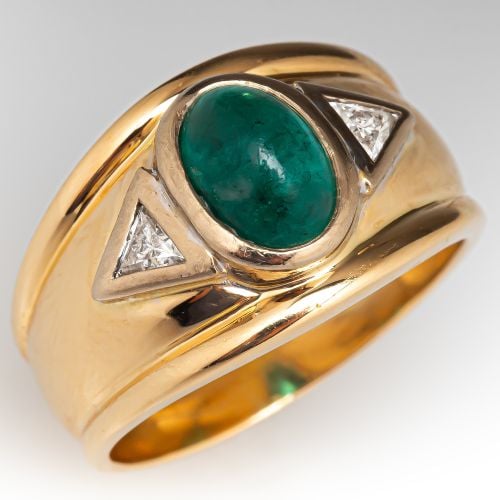 Oval Cabochon Emerald & Triangle Diamond Ring 18K Yellow Gold 