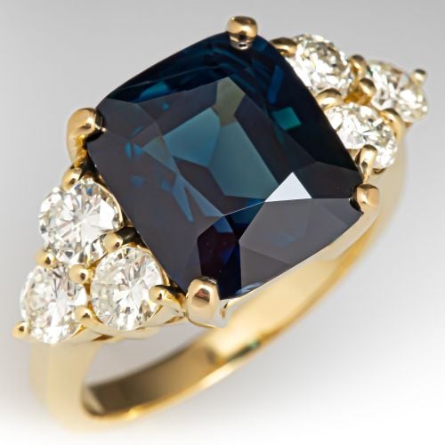 8 Carat Cushion Teal Sapphire & Diamond Ring 18K Yellow Gold