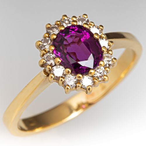 Purple Sapphire Ring w/ Diamond Halo 18K Yellow Gold