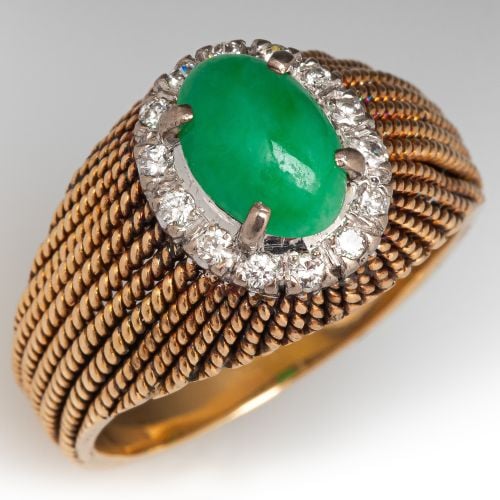 Vintage Jadeite Jade Ring w/ Diamond Halo 14K Yellow Gold