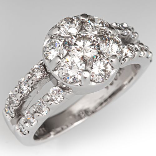 Diamond Cluster Engagement Ring 14K White Gold