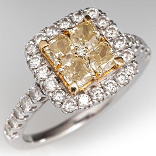 Fancy Light Yellow Diamond Halo Ring 14K White Gold