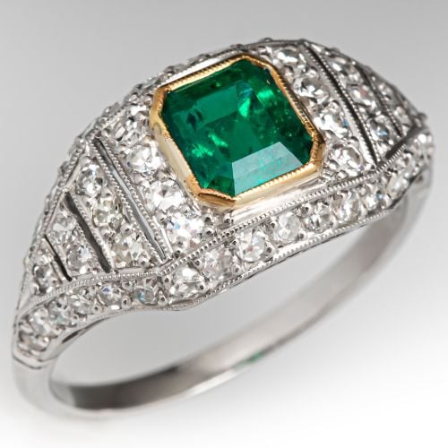 Gorgeous Emerald & Diamond Dome Ring Platinum