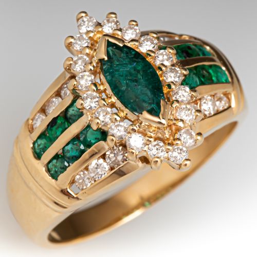 Marquise Emerald & Diamond Ring 14K Yellow Gold