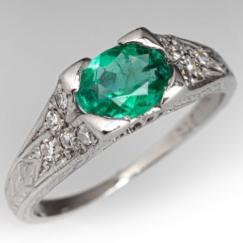 Vintage Engraved Emerald Ring Platinum
