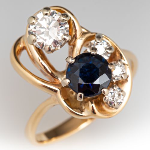 Swirl Motif Diamond & Sapphire Ring 14K Yellow Gold