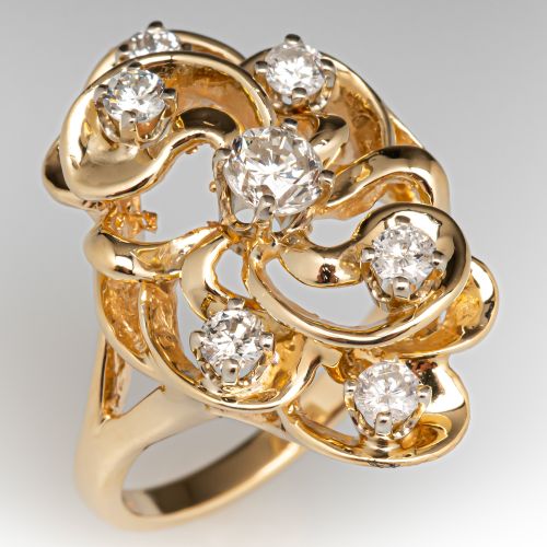 Swirl Motif Diamond Cluster Ring 14K Yellow Gold