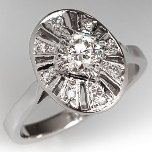 Oval Face Vintage Pierced Diamond Ring 14K White Gold