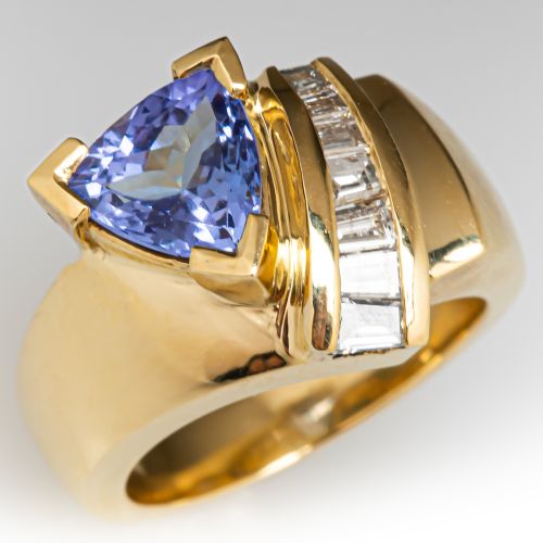 Trillion Cut Tanzanite & Diamond Ring 18K Yellow Gold