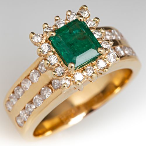 Emerald Cut Emerald Ring w/ Diamond Halo 14K Yellow Gold