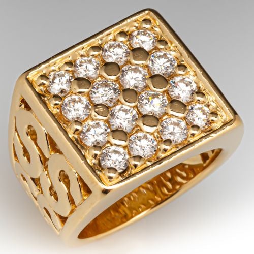 Mens Square Face Diamond Ring 18K Yellow Gold