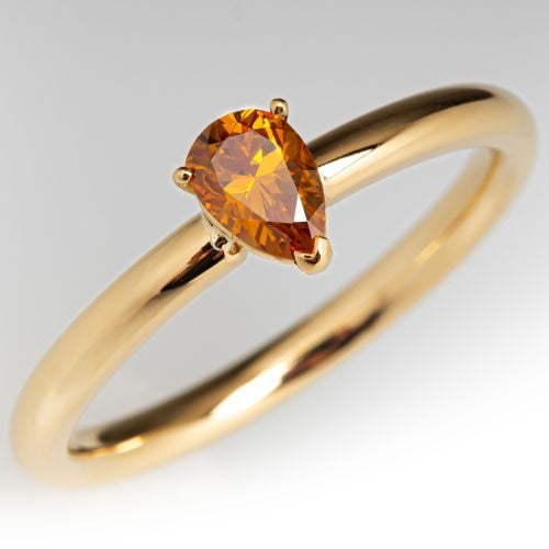 Fancy Intense Orange Pear Diamond Ring 18K Yellow Gold