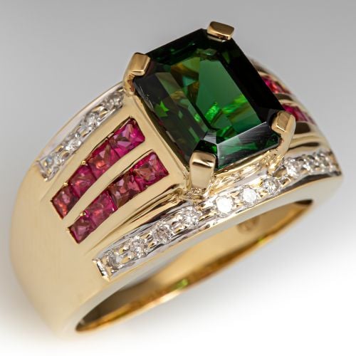 Rubellite & Green Tourmaline Ring 14K Yellow Gold