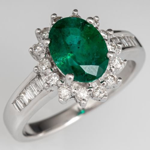 1.25 Carat Emerald & Diamond Halo Ring 18K White Gold