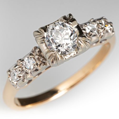 Vintage Old Mine Diamond Ring 14K White/Yellow Gold .54Ct H/SI2 GIA