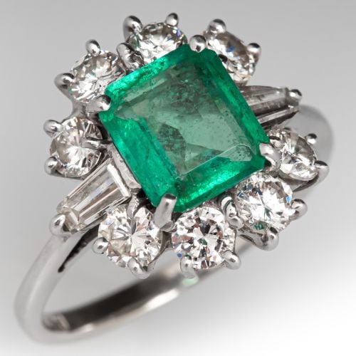 1 Carat Emerald w/ Diamond Halo Ring 18K White Gold