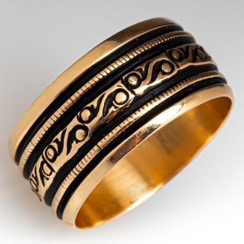 Vintage Patterned Wide Band Cigar Ring 14K Yellow Gold 