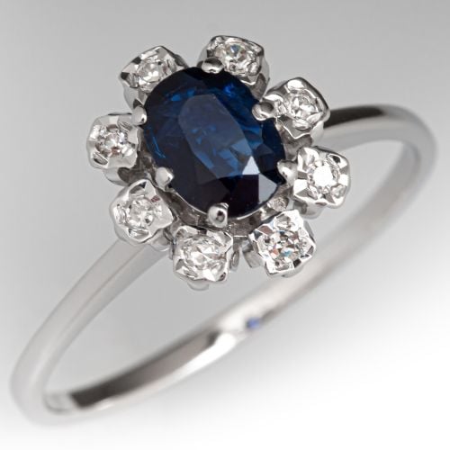 Vintage Sapphire & Diamond Halo Ring 18K White Gold