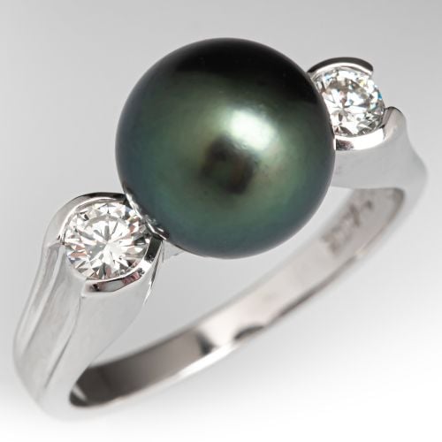 Tahitian Pearl & Diamond Ring 18K White Gold