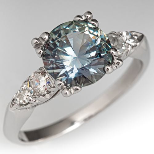 Circa 1950s Mounting w/Montana Sapphire & Diamond Engagement Ring Platinum 