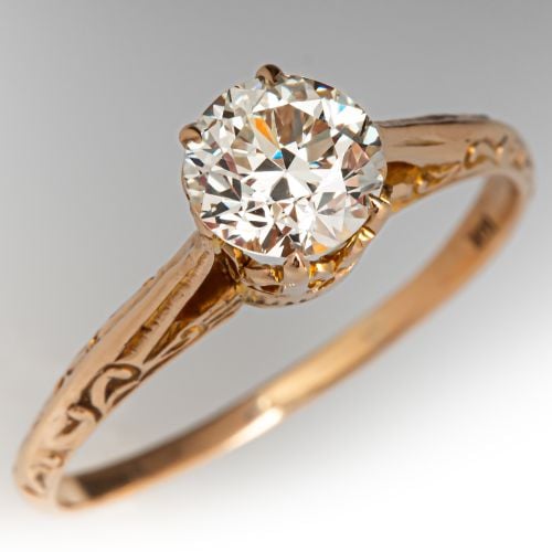1940s Transitional Brilliant Diamond Engagement Ring Yellow Gold .87Ct K.VS2 GIA