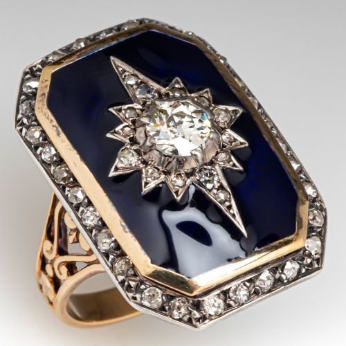 Blue Enameled Star Motif Victorian Diamond Ring 18K Yellow Gold & Sterling Silver