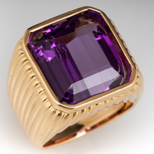 Fluted Wide Band Amethyst Ring 18K Yellow Gold 