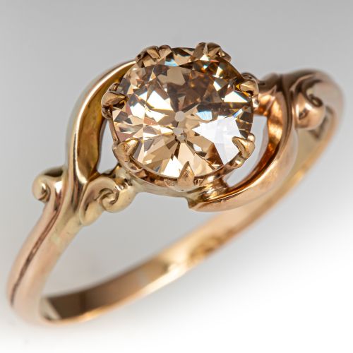 Vintage Scrolling Diamond Engagement Ring 14K Yellow Gold 1.09Ct Fancy Yellow-Brown/I1 GIA